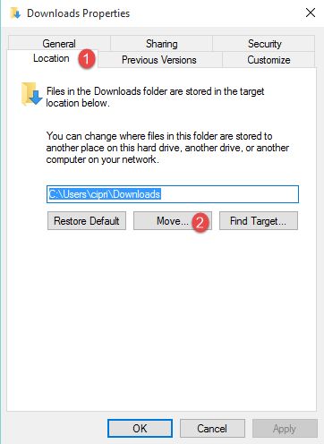 changing download destination folder