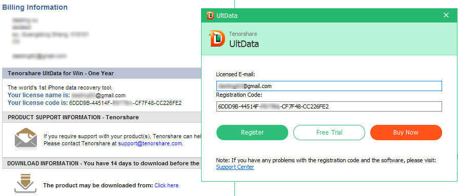 tenorshare ultdata licensed email and registration code